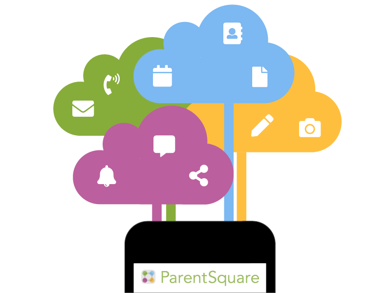 Colorful Parent Square logo featuring icons and part of a cell phone.
